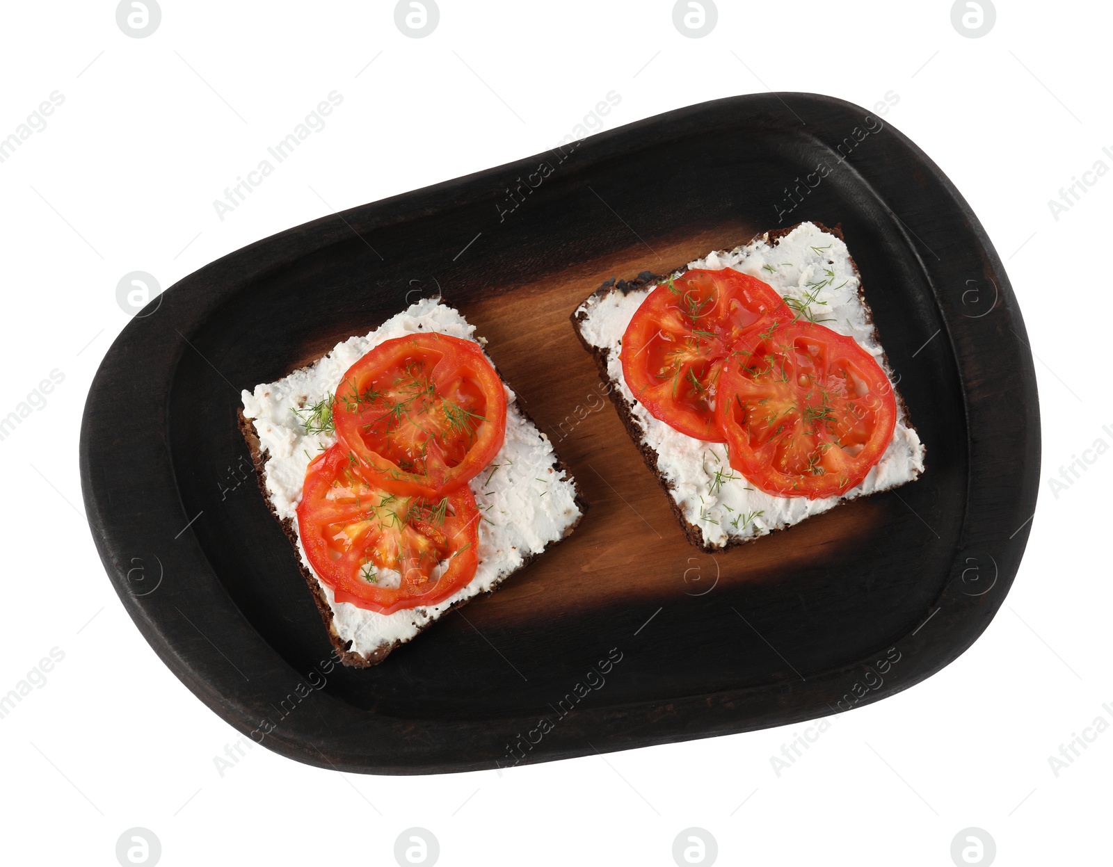 Photo of Delicious ricotta bruschettas with sliced tomatoes and dill isolated on white, top view