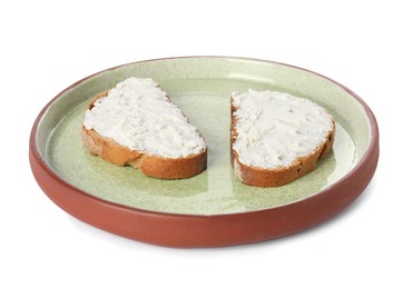 Photo of Plate with delicious ricotta bruschettas isolated on white