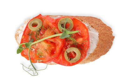 Photo of Delicious ricotta bruschetta with sliced tomatoes, olives and greens isolated on white