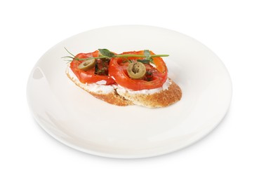Photo of Delicious ricotta bruschetta with sliced tomatoes, olives and greens isolated on white
