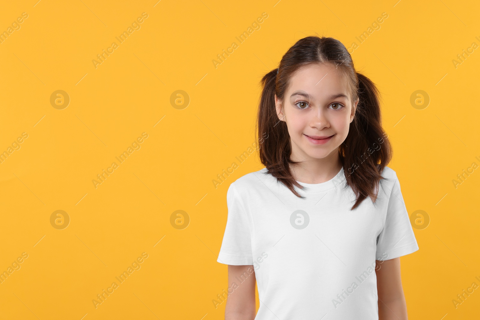 Photo of Portrait of beautiful girl on orange background, space for text