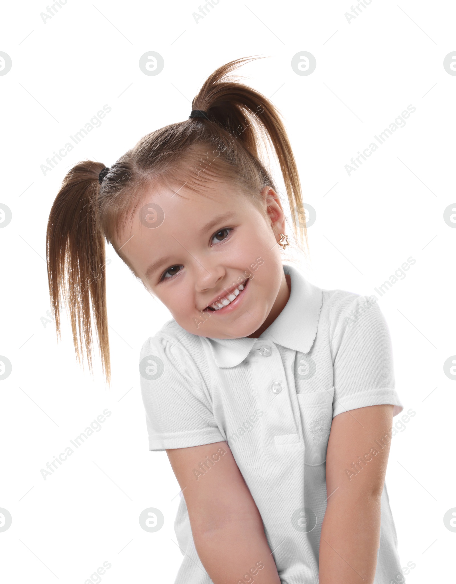 Photo of Portrait of happy little girl isolated on white