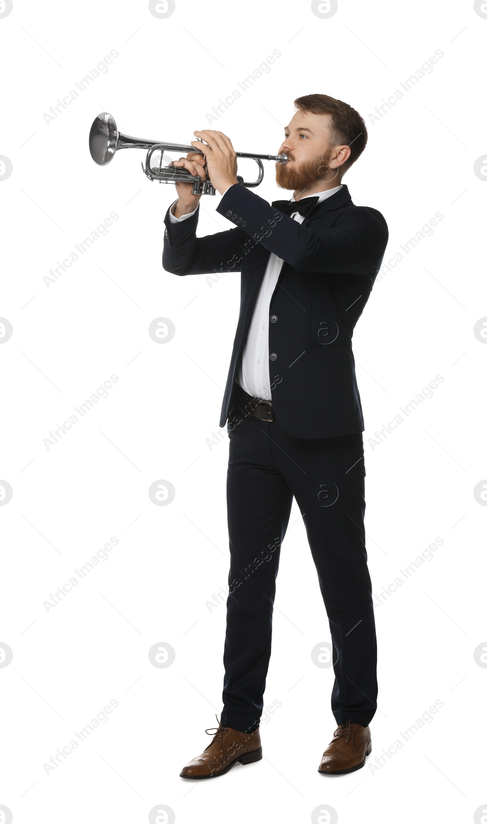 Photo of Handsome musician playing trumpet on white background