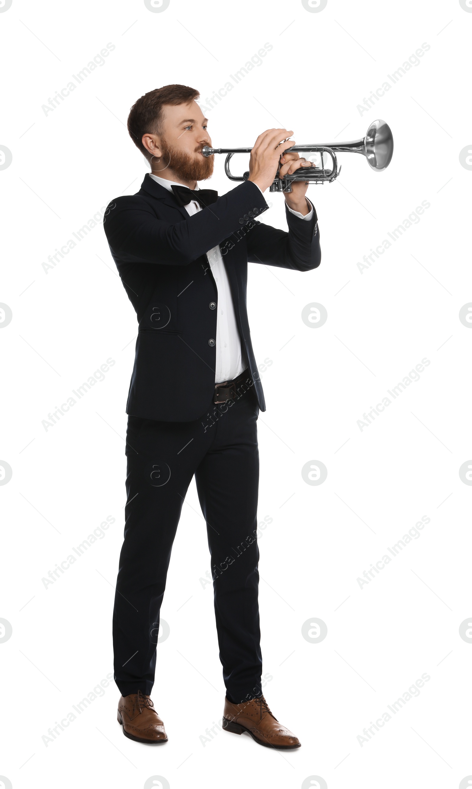 Photo of Handsome musician playing trumpet on white background