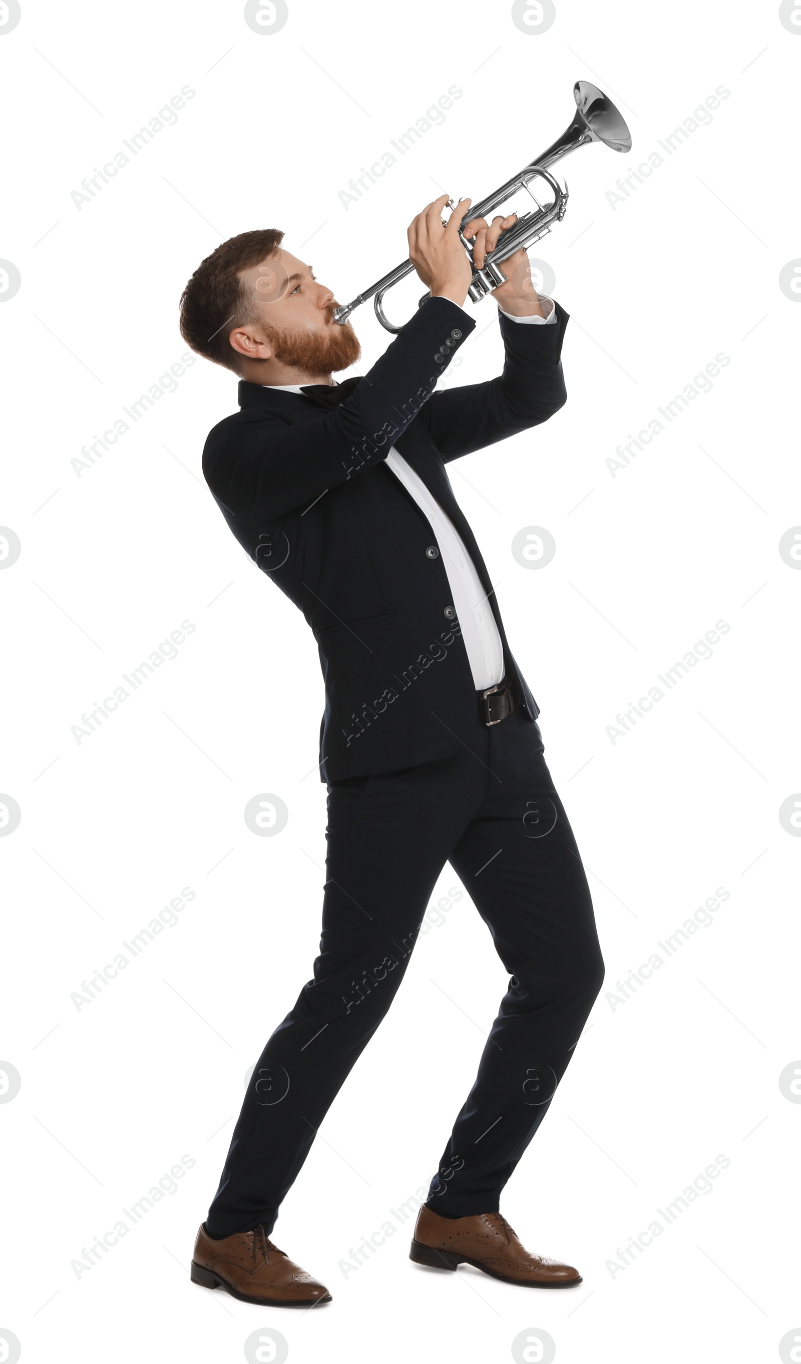 Photo of Handsome musician playing trumpet on white background