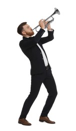 Handsome musician playing trumpet on white background