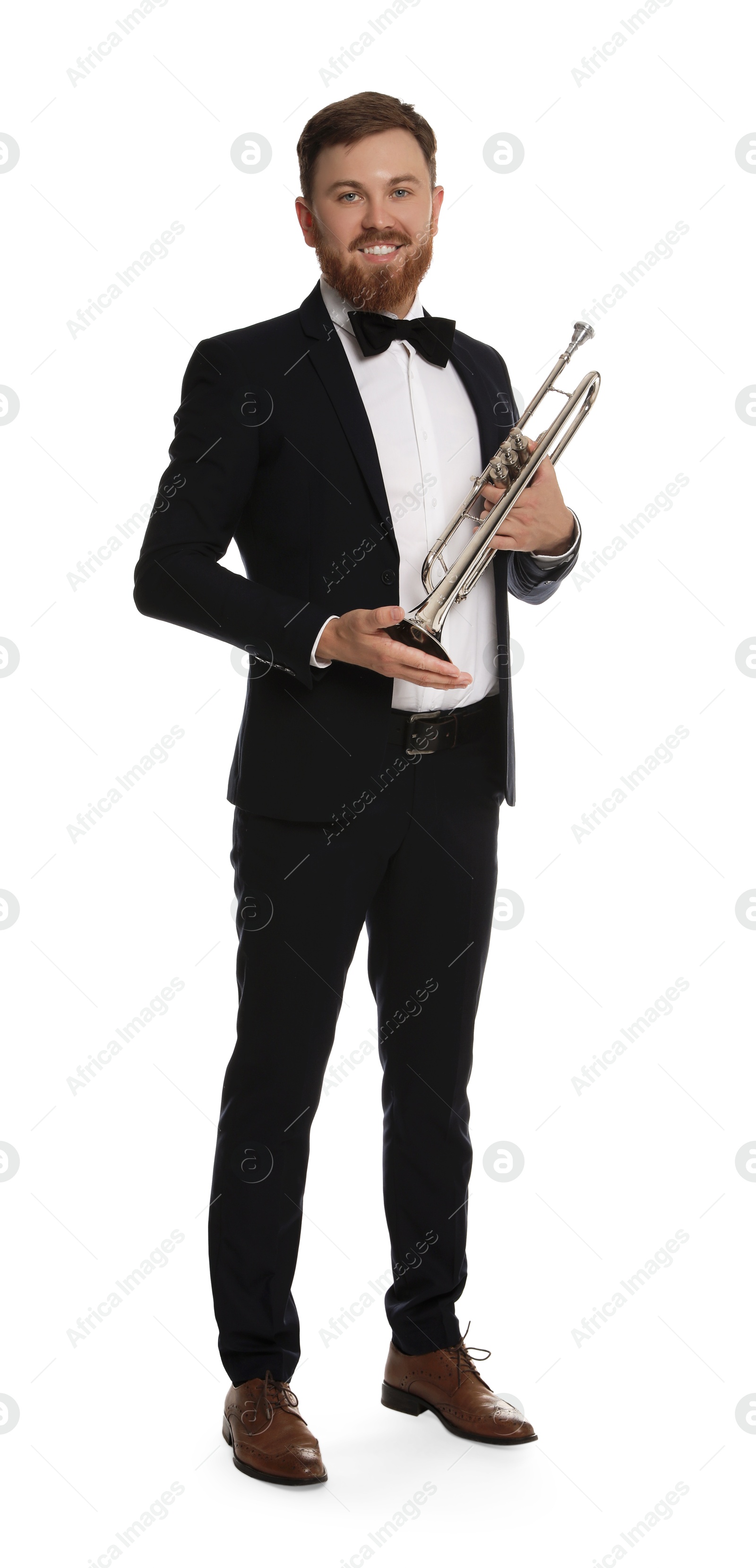 Photo of Smiling musician with trumpet on white background