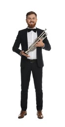 Smiling musician with trumpet on white background