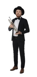 Smiling musician with trumpet on white background