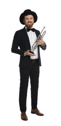 Smiling musician with trumpet on white background