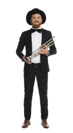 Photo of Smiling musician with trumpet on white background