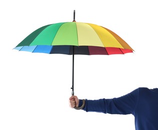 Photo of Man with rainbow umbrella on white background, closeup