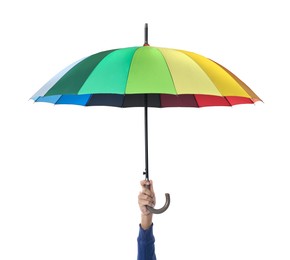 Man with rainbow umbrella on white background, closeup