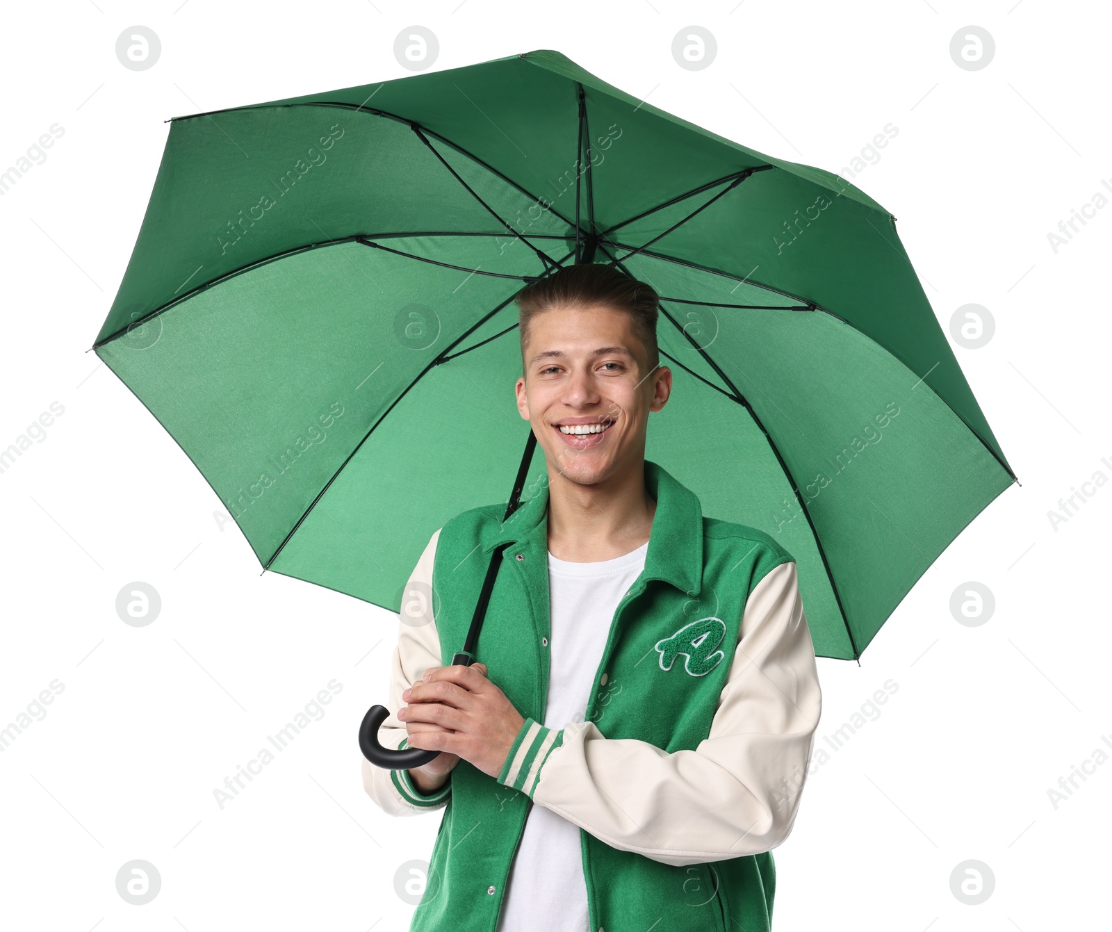 Photo of Young man with green umbrella on white background