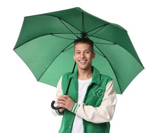 Young man with green umbrella on white background