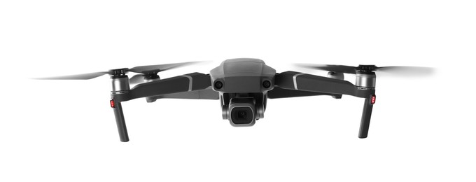 Modern drone with camera isolated on white