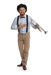 Smiling musician with trumpet on white background