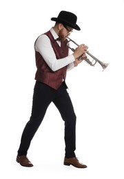 Handsome musician playing trumpet on white background