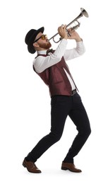 Handsome musician playing trumpet on white background