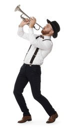 Photo of Handsome musician playing trumpet on white background