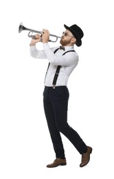 Photo of Handsome musician playing trumpet on white background