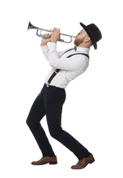 Handsome musician playing trumpet on white background
