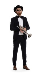 Photo of Handsome musician playing trumpet on white background