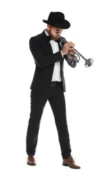 Photo of Handsome musician playing trumpet on white background