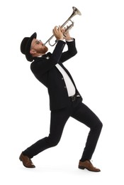 Handsome musician playing trumpet on white background