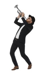 Handsome musician playing trumpet on white background