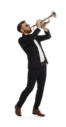 Photo of Handsome musician playing trumpet on white background