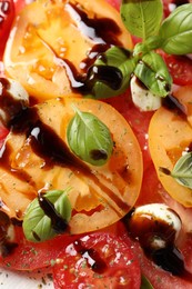 Photo of Tasty salad with balsamic vinegar and mozzarella on plate, closeup