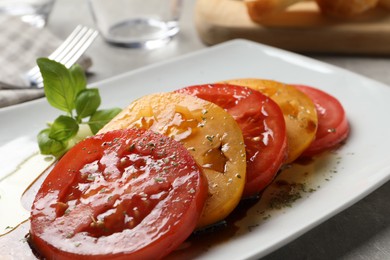 Tasty salad with balsamic vinegar on light grey table, closeup