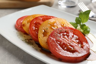 Tasty salad with balsamic vinegar on light grey table, closeup