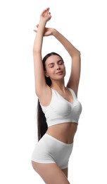 Photo of Diet and weight loss concept. Beautiful young woman with slim body against white background