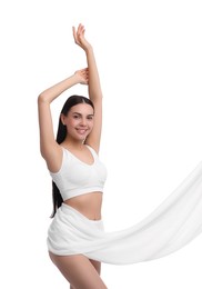 Photo of Diet and weight loss concept. Beautiful young woman with slim body against white background