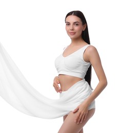 Photo of Diet and weight loss concept. Beautiful young woman with slim body against white background