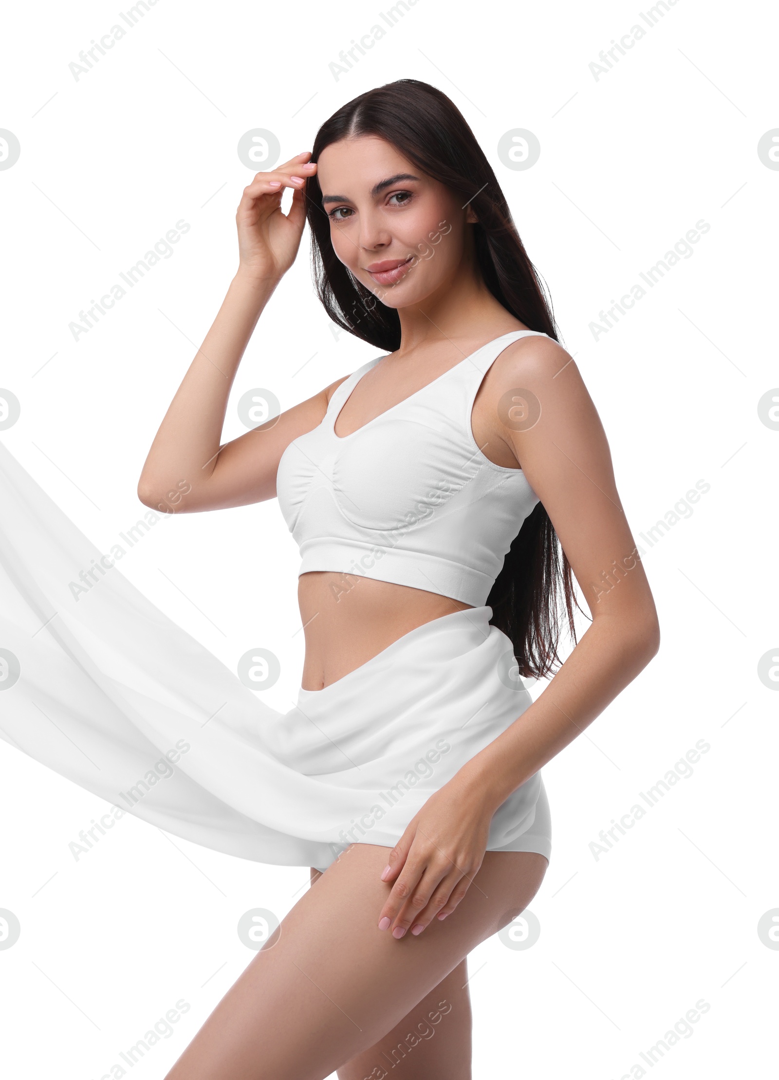 Photo of Diet and weight loss concept. Beautiful young woman with slim body against white background