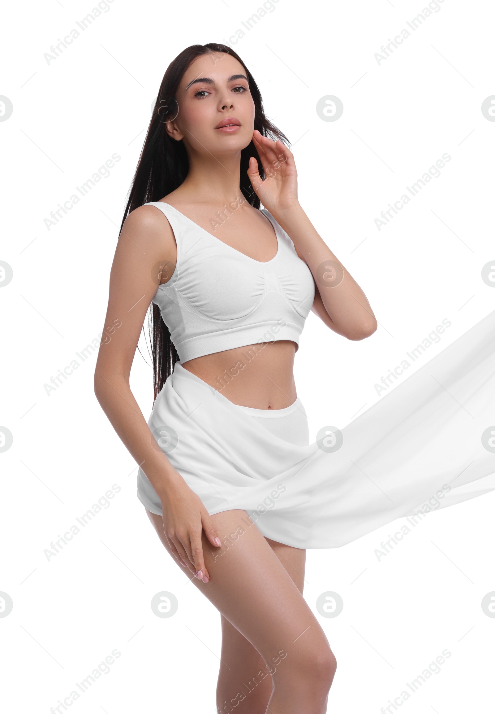 Photo of Diet and weight loss concept. Beautiful young woman with slim body against white background