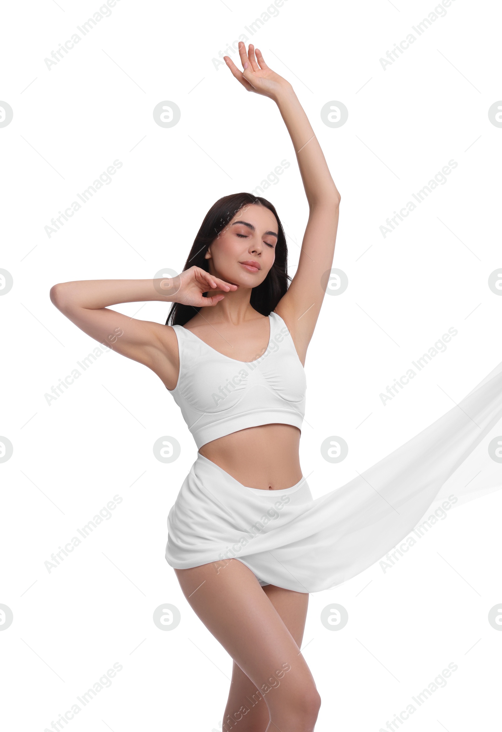 Photo of Diet and weight loss concept. Beautiful young woman with slim body against white background