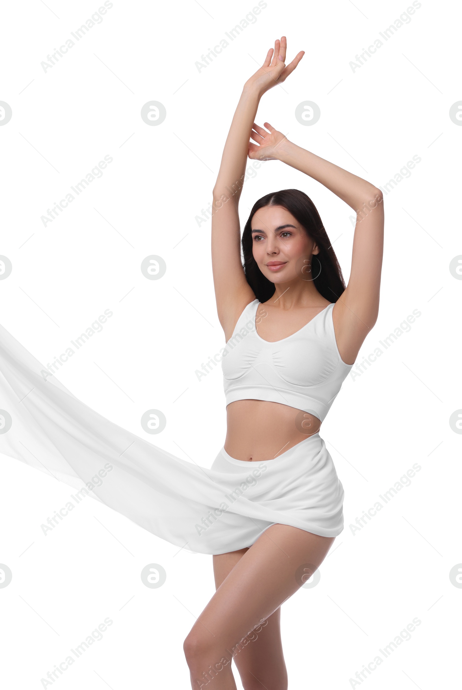 Photo of Diet and weight loss concept. Beautiful young woman with slim body against white background