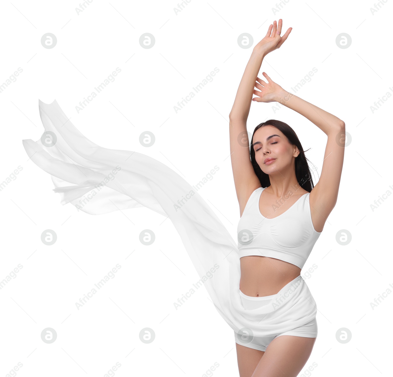 Photo of Diet and weight loss concept. Beautiful young woman with slim body against white background