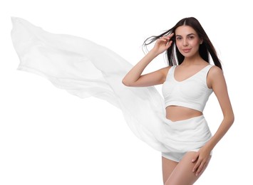 Diet and weight loss concept. Beautiful young woman with slim body against white background