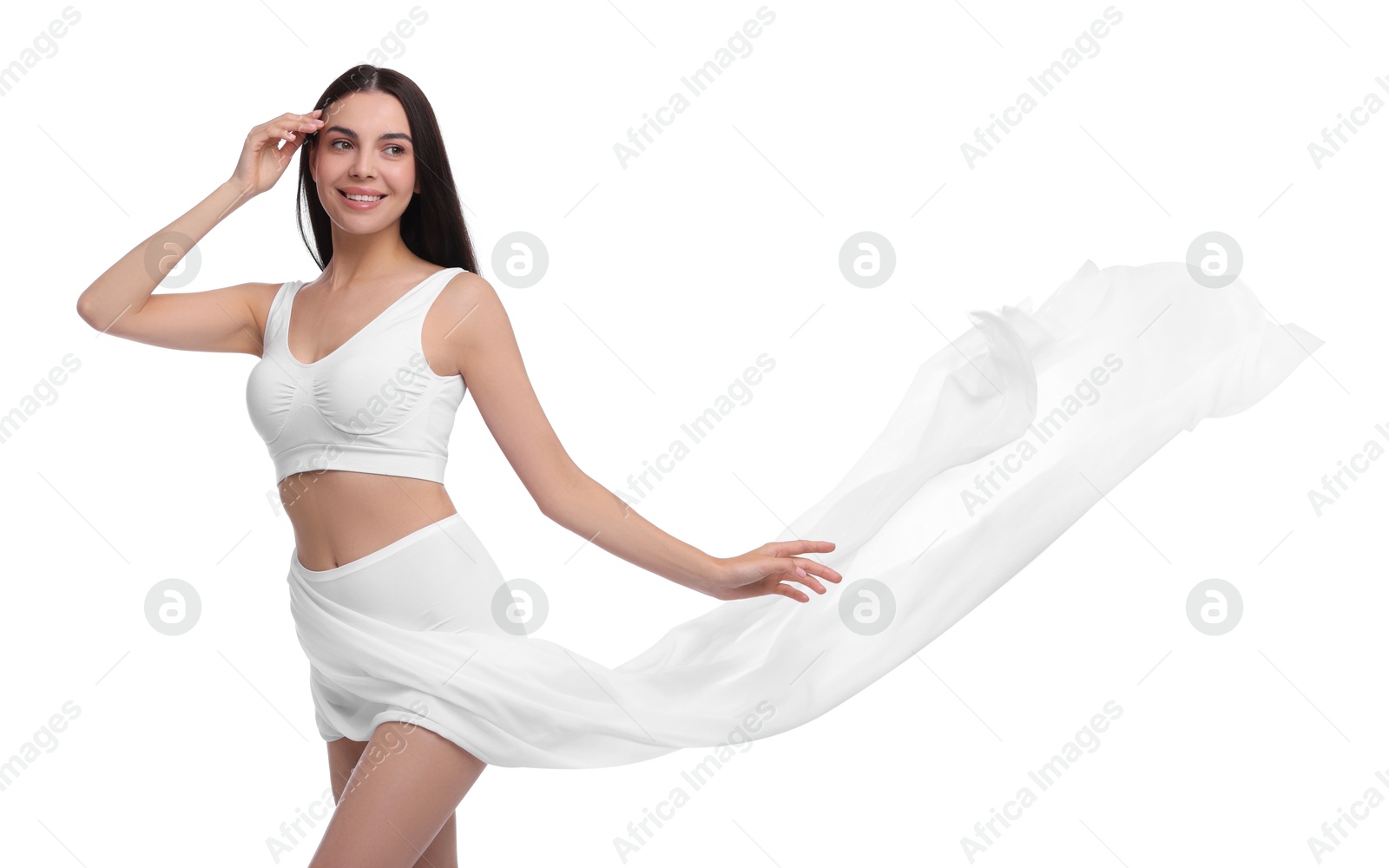 Photo of Diet and weight loss concept. Beautiful young woman with slim body against white background