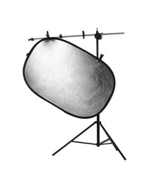 Stand with reflector isolated on white. Photo studio equipment