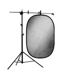 Stand with reflector isolated on white. Photo studio equipment