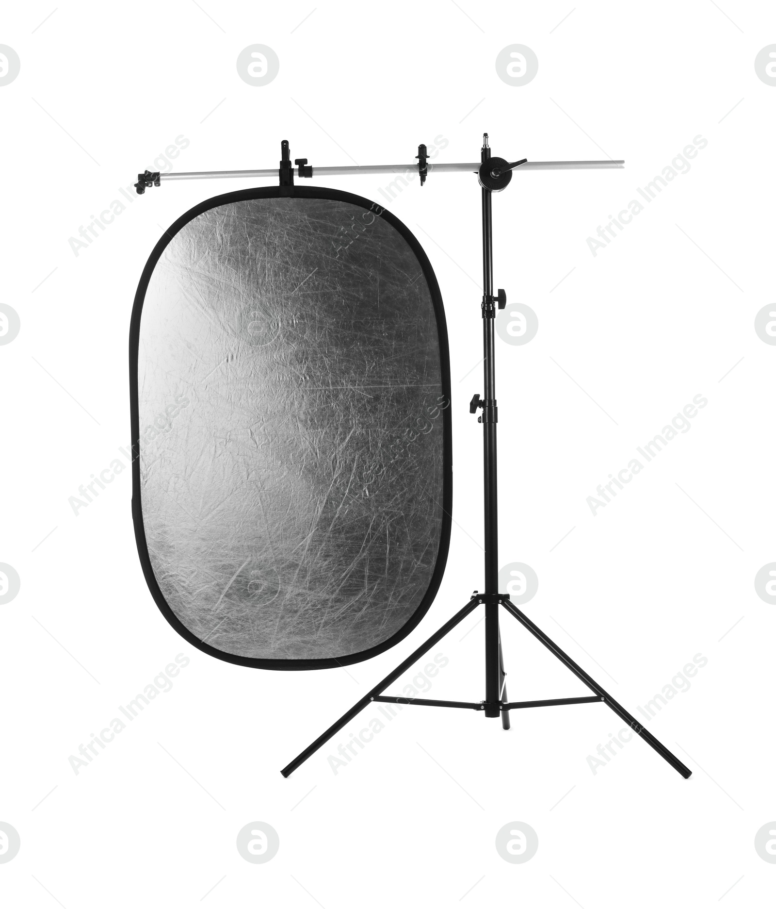 Photo of Stand with reflector isolated on white. Photo studio equipment