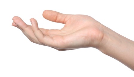 Photo of Woman showing hand on white background, closeup