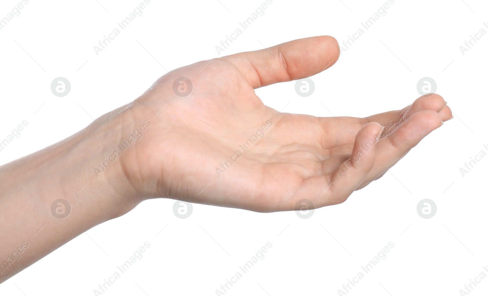 Photo of Woman showing hand on white background, closeup