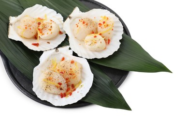 Photo of Raw scallops with spices, lemon zest and shells isolated on white, above view